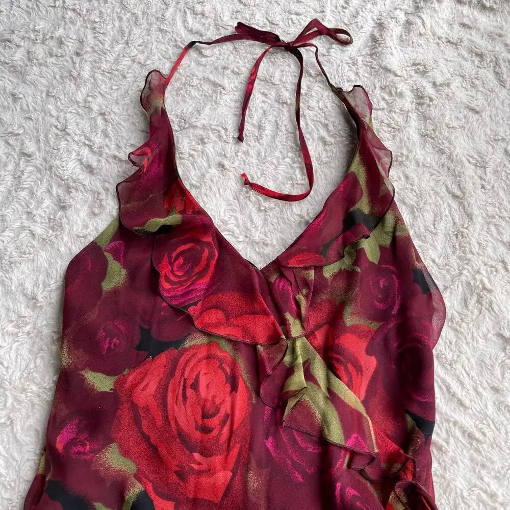 bebe 100% silk‎ rose floral print halter slip dress slipdress fairy roses red S